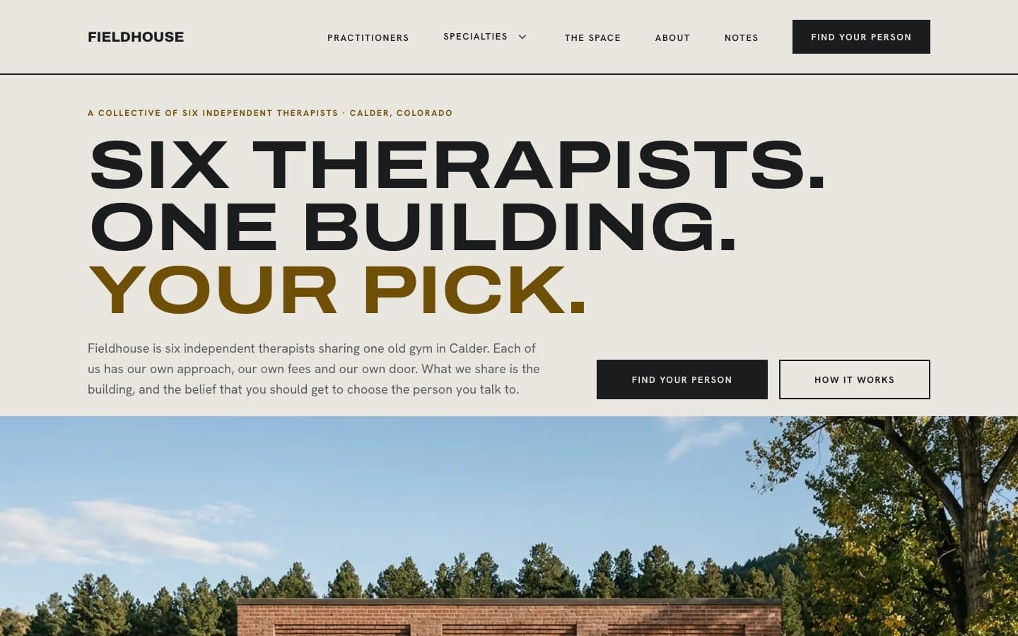 Fieldhouse: the home page, a collective website for therapists