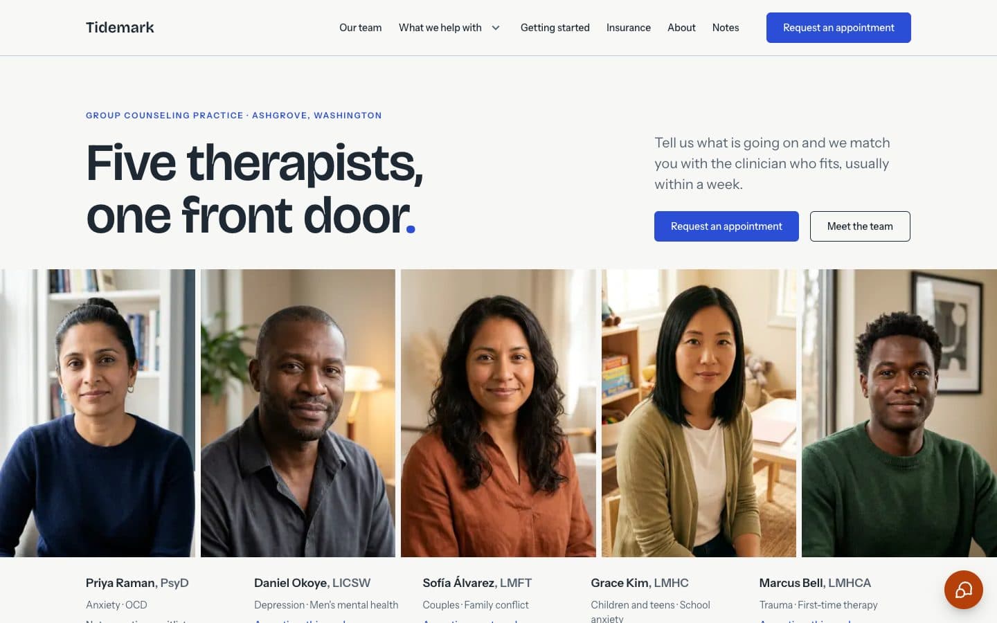 Tidemark, a group practice website for therapists