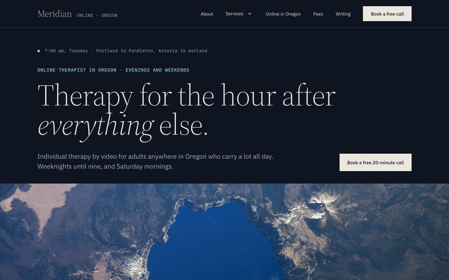 Meridian: the home page, a private practice website for therapists